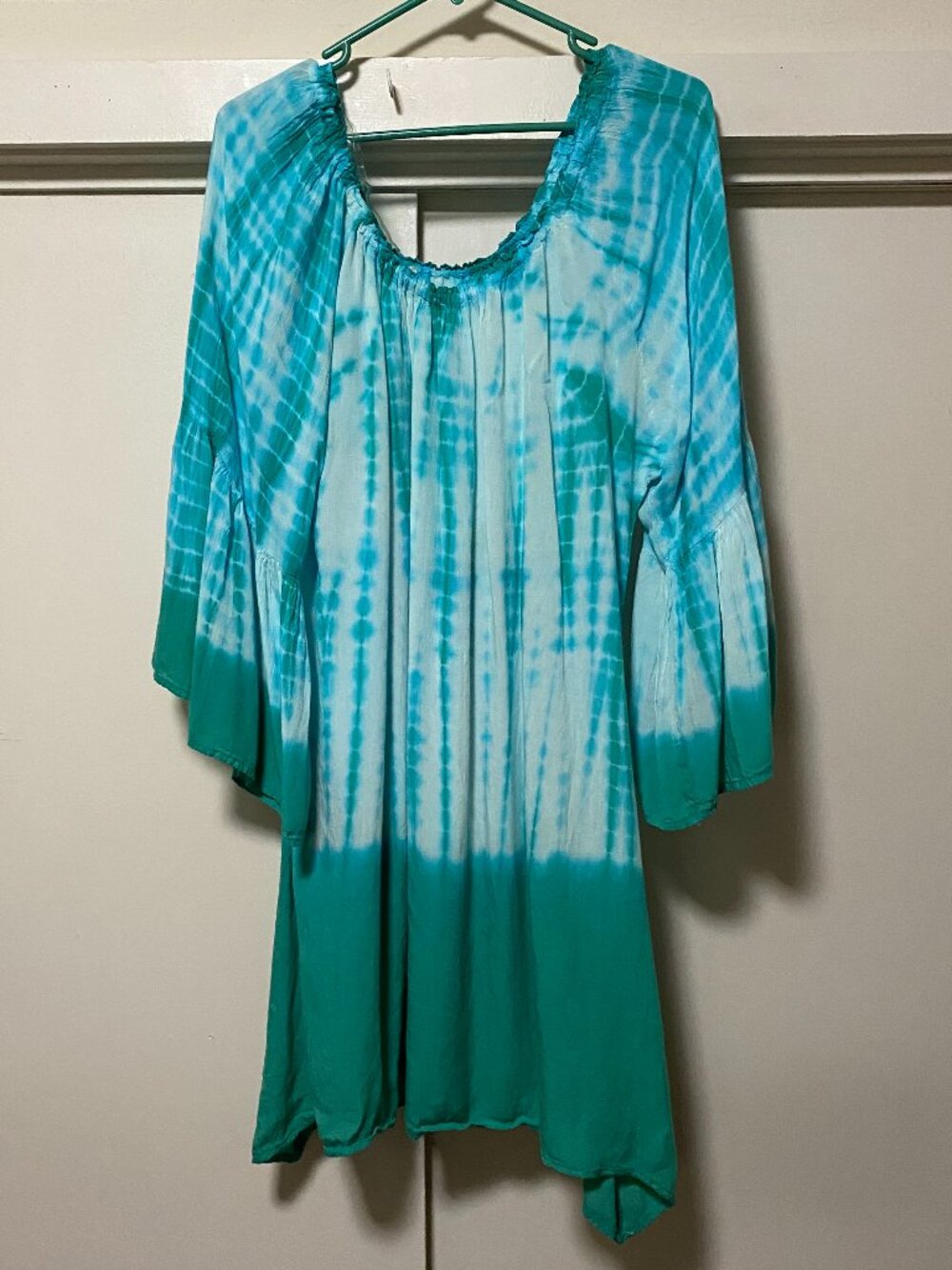 Ace, beautiful long bell sleeve, blue/green & white tie dye dress/tunic, size 2X